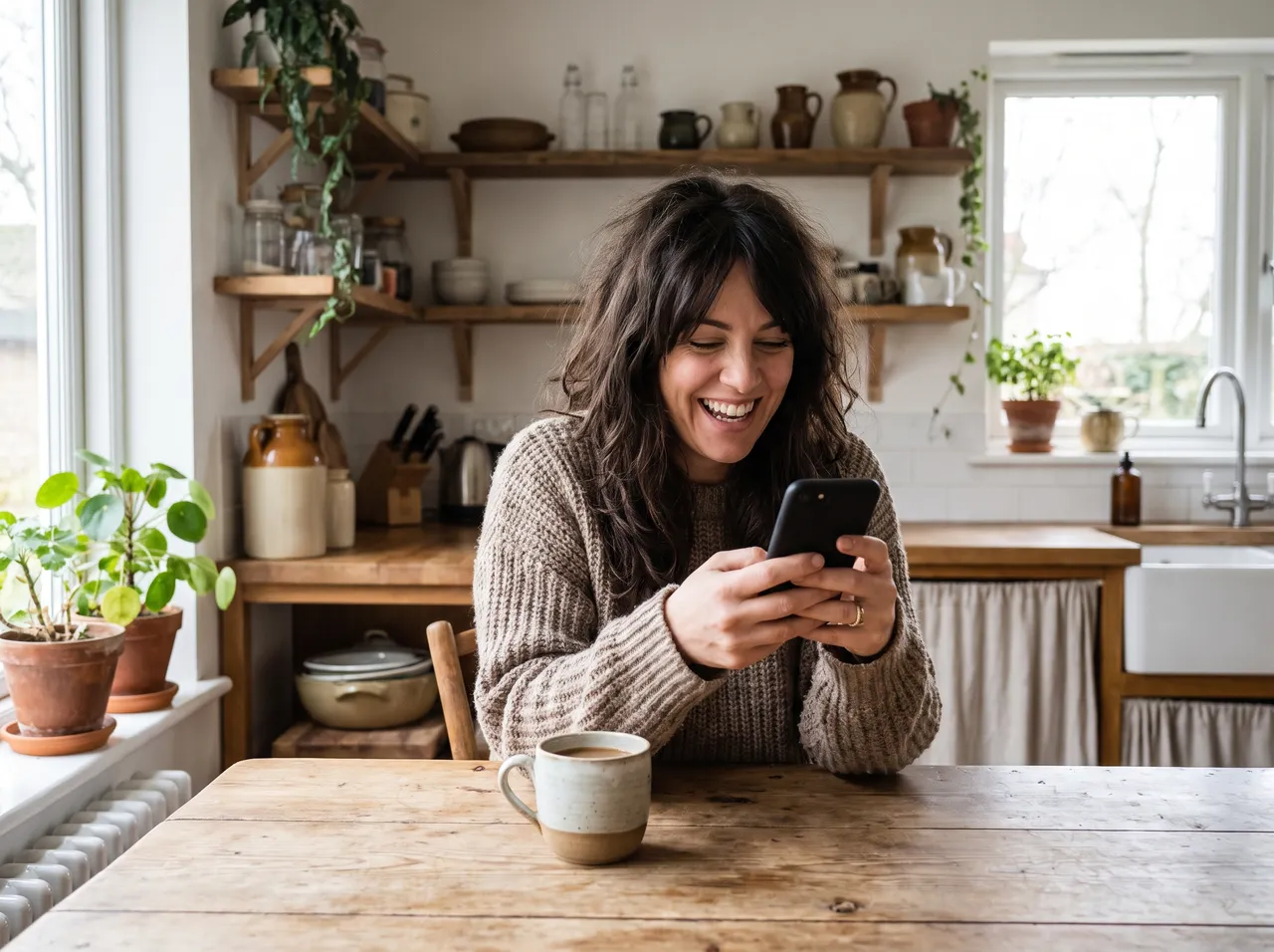Mulher sorrindo enquanto usa o celular sentada à mesa da cozinha, com uma xícara de café ao lado